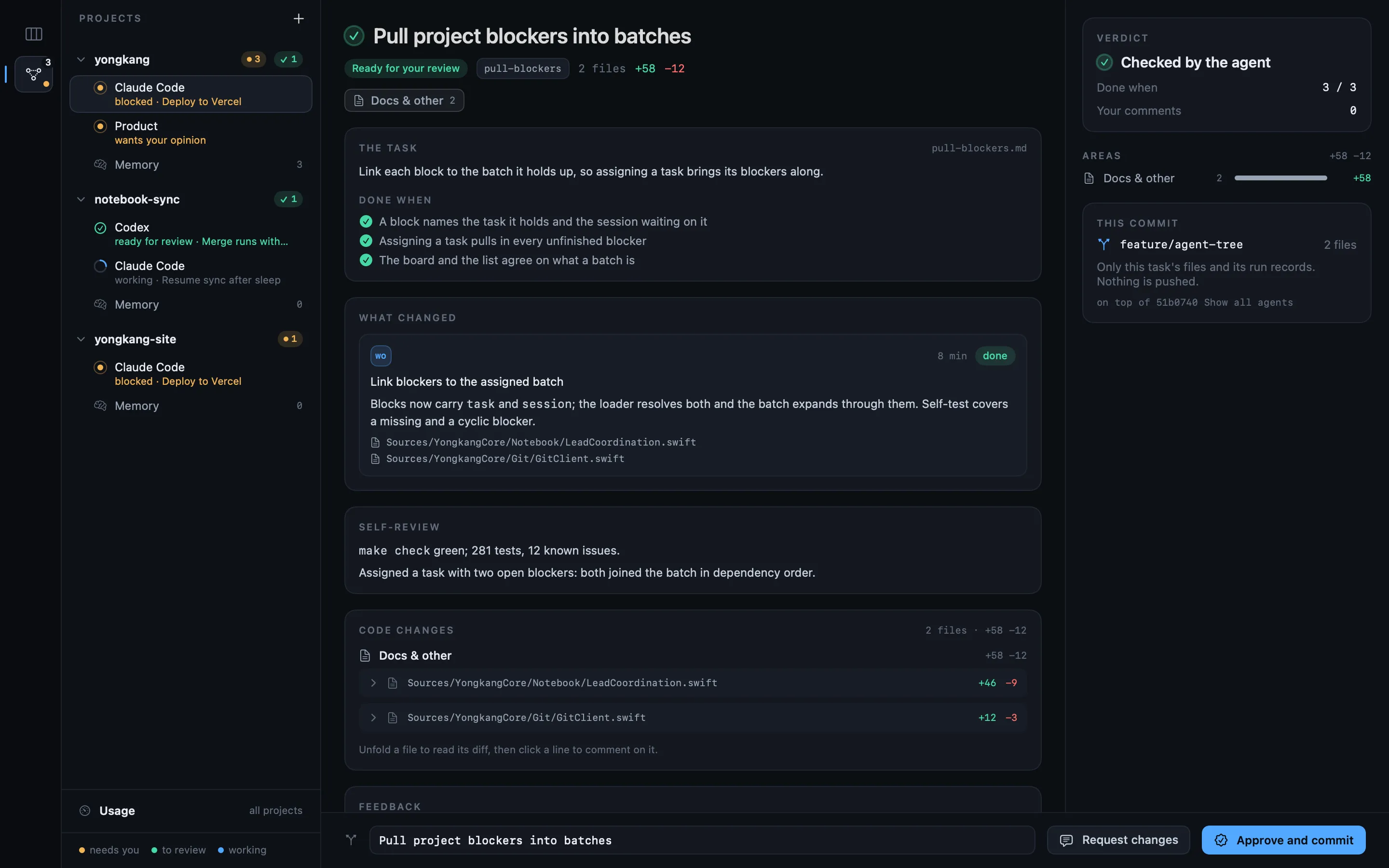 Review: the task's Done when all checked, what changed, the self-review and the code changes, with Approve and commit.