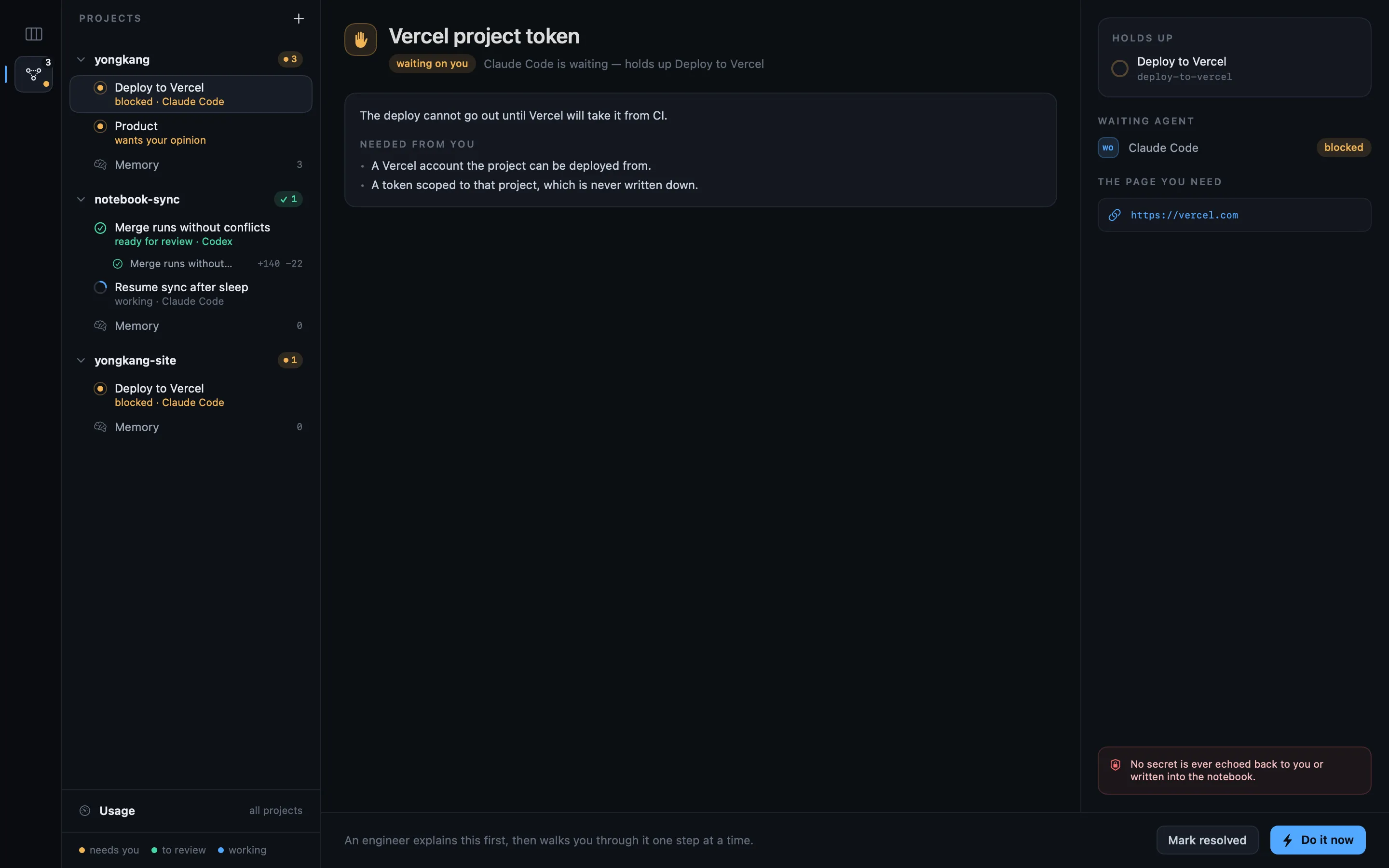 A block asking for a Vercel project token, naming the task it holds up and the agent waiting on it.