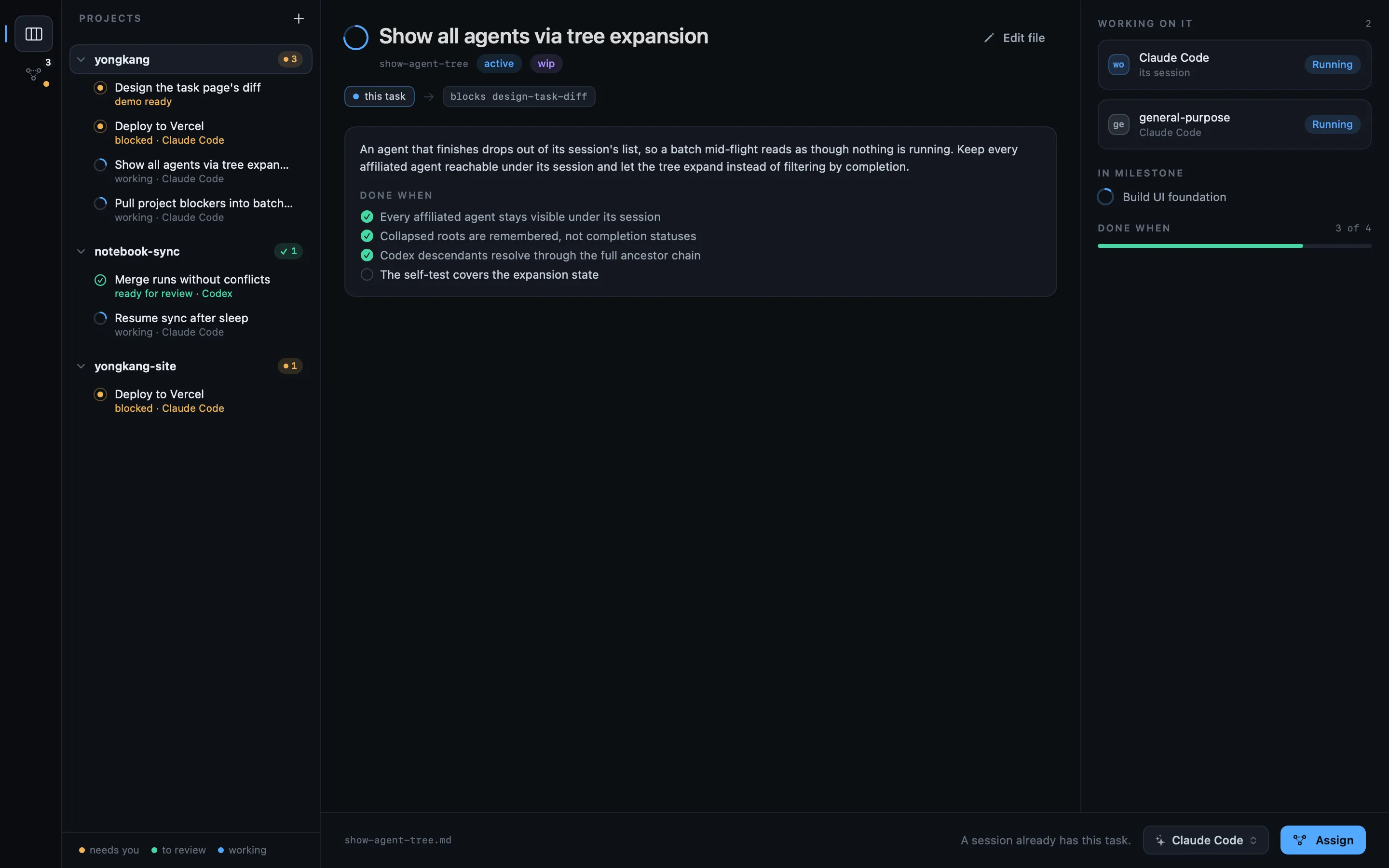 A task page: its brief, its Done when checklist three of four checked, and the agents working on it.